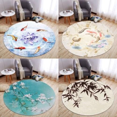 Chinese Style Round Carpet Plant Flower Living Room Bedroom Bedside Blanket Study Computer Chair Cushion Anti-slip Mat