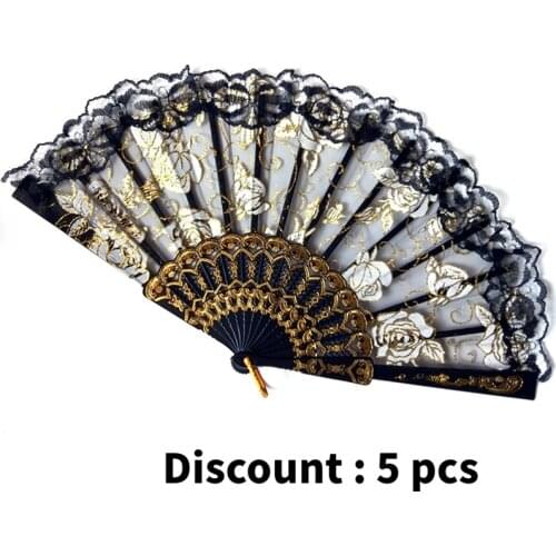 5PCS Lace Fan Rose Flower Chinese Style Dance Wedding Party Bridal Handmade Hand Fan Wholesale Folding Fan Decoration Party Gift