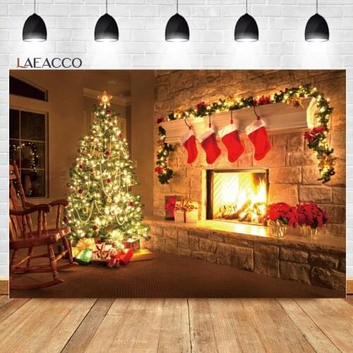 Laeacco Merry Christmas Backdrop Xmas Tree Warm Fireplace Family Celebrate Xmas Eve Portrait Photography Background Photo Studio