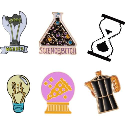 Science Magic Enamel Brooches Light Bulb Crystal Ball Hourglass Teapot Badge Lapel Pin Denim Shirt Pins Fashion Chemical Jewelry