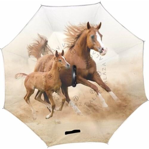 New Arrival Outdoor Reverse Umbrellas Creative Design Beautiful Horses Long Handle Rain Umbrella Inverted Gift To Friend for Car