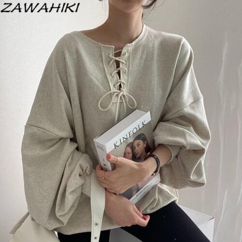ZAWAHIKI Korean Autumn Simple Round Neck Hoodies Pullover Loose Solid Tops Casual Lantern Sleeve Drawstring Sweatershirt Women