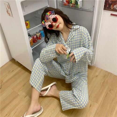 Womens Korean Grid Sui Cardigan Lapel Long Sleeve Loose Pajamas Set Leisure Nightwear for Female Cute Girls Sleepwear 2021 Hot