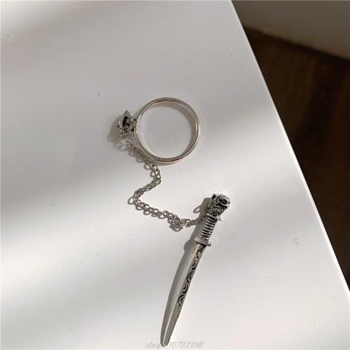 Gothic Punk Skull Sword Movable Plug-in Finger Ring Medieval Knight Dagger Chain Band Vintage Statement Jewelry N07 20 Dropship