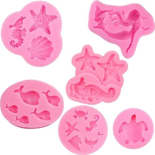 6 Pieces Marine Theme Fondant Silicone Mold Mermaid girl 3D Molds for DIY Ocean Candy Cake decorating Moulds