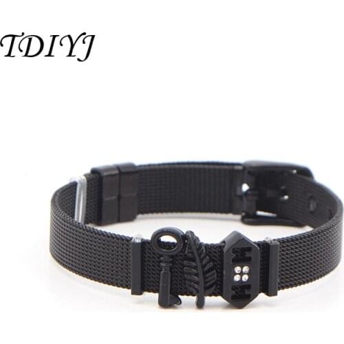 TDIYJ Fashion Women Jewelry Stainless Steel Mesh Bracelet with Leaf Key Mom Bead Charms Keeper for Mothers Gift