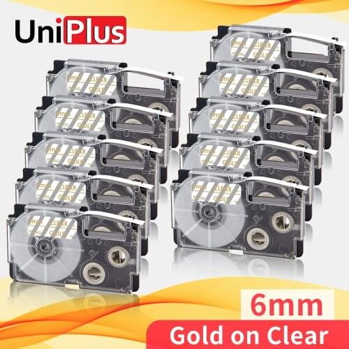 UniPlus 10PK XR-6XG Gold on Clear 6mm*8m Label Replacement Casio Label Tape XR6XG 1/4" for Casio Label Printer KL-P1000 KL-130