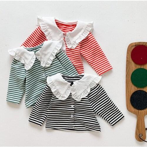 Spring Autumn Kids Girl Long Sleeve Stripe T-shirt Infant Baby Girl Newborn Lace Collar T-shirt Clothes Baby Girl T-shirt