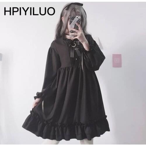 Japanese Harajuku Women Black Ruffles Dress Lantern Sleeve Lolita Style Students Dress Sweet Kawaii Cute Bow Girl Chiffon Dress