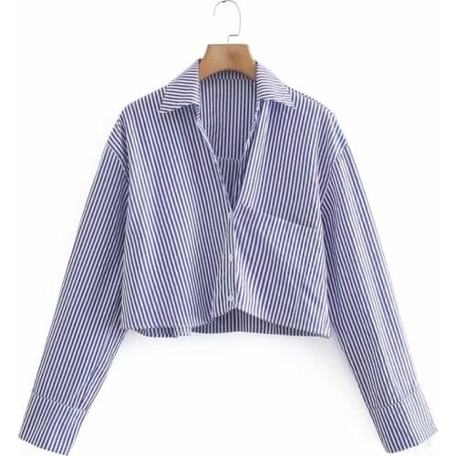 Women Shirt Za Fashion 2021 Button Up Blue Vertical Stripes Short Shirt Female High Street Chic Mujer Ladies Tops