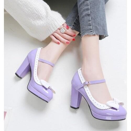 2020 Women Thick Heel Round Head Patent Leather White High Heel Rhinestone Platform All Match Dress Shoes Small Bie Size 32 48