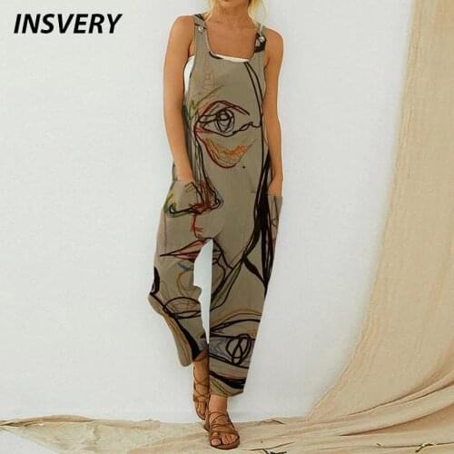 Abstract Print Jumpsuit Women Sleeveless Strappy Bodysuit Romper 2021 Spring Summer Pocket Loose Playsuit Beach Overalls