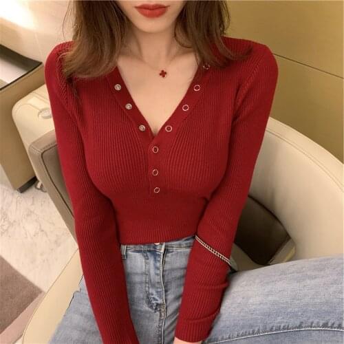 Sexy Knitted Sweater Women Spring Fall Single Breasted Pullovers Slim Korean LadyS Sweater Female Casual Jumper Pull Tops 2021
