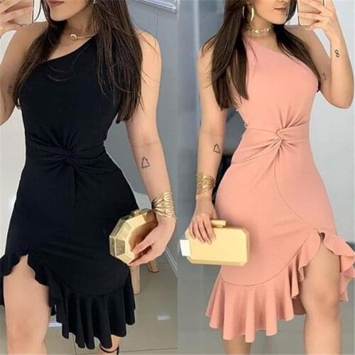 Women Girl One Shoulder Asymmetric Hem Dress Office Lady Irregular Ruffled Mini Dresses Vestidos for Evening Party 2021 Newest