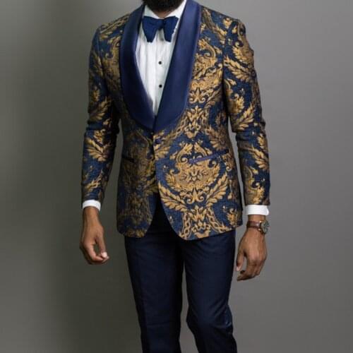 3 Piece Gold Jacquard Prom Men Suits Blue Shawl Lapel Slim Fit Groom Tuxedo Male Fashion Costume Blazer Vest with Pants
