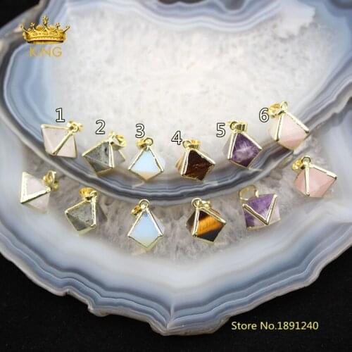 6 Stones choice,10pcs Faceted Cone Shape Natural Stone Pyramid Pendants Jewelry,Plated Gold Copper Bails Small Charms Bulk HS13
