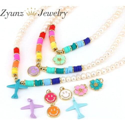 3PCS, Pearl Necklace, Polymer Clay, Pearl Choke Jewelry, Birthday Gift, Gold Color Enamel Smiley Face/Plane/Flower Necklace Gift