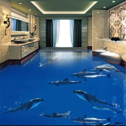Beibehang Dolphin underwater world floor murals 3D wallpaper floor living room PVC waterproof floor self - adhesive 3D floor
