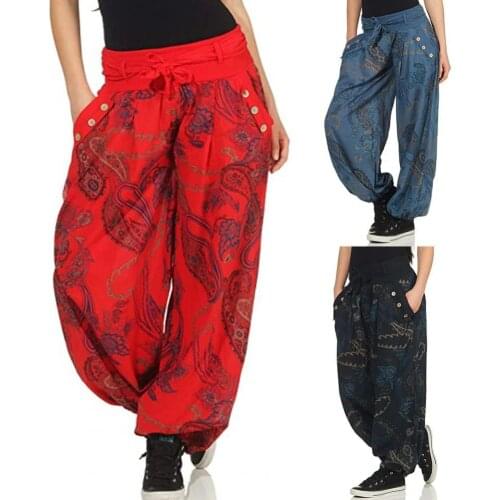 Summer Large Size Womens Pants Bohemian Harem Pants Ankle Tied Paisley Low Waist Pockets Baggy Trousers for Daily Life