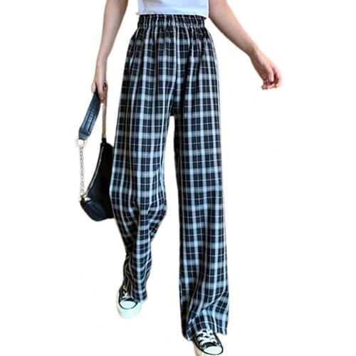 Casual Women Pants Fashion High Waist Wide Leg Breathable Slim Trousers Office Ladies Elastic Straight Plaid Pants