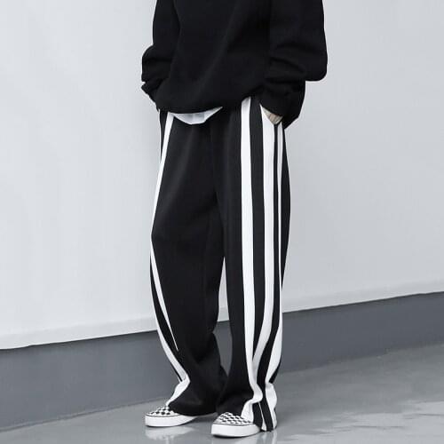 Korean High Elastic Waist Black Striped Contrast Color Trousers New Loose Fit Pants Women Fashion Spring Autumn Clothing 2021