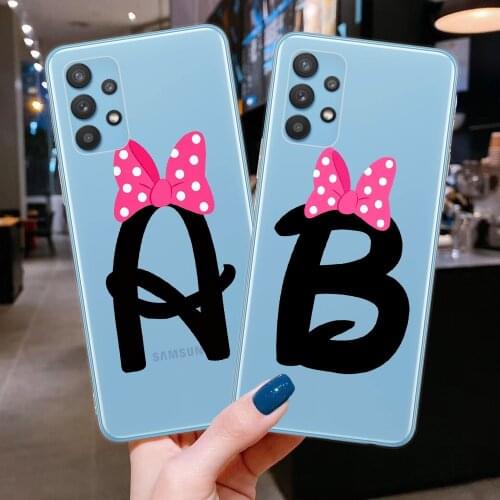 Initial Letter A Z Pink Bowknot Phone Case For Samsung A52 A72 A72 A42 A12 A02 A51 A71 Custom name Letter Couples Soft TPU Cover