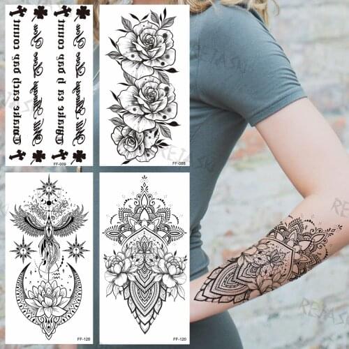 Black Flora Henna Temporary Tattoos For Women Realistic Letter Cross Dahlia Creative Fake Tattoo Sticker Sexy Arm Tatoos Body