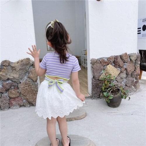 Kids' Wear 2021 Summer New Korean Girl Sweet Stripe Tie Up Short Sleeve Gentlewomanly Lace Culottes