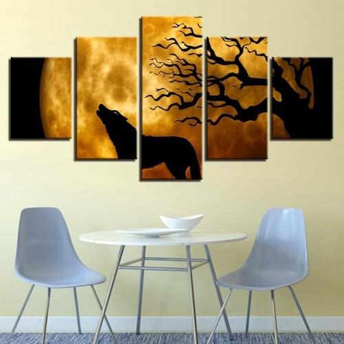 Pictures Framework Home Decor HD Prints Posters 5 Pieces Full Moon Night Wolf Howl Landscape Canvas Paintings Modular Wall Art