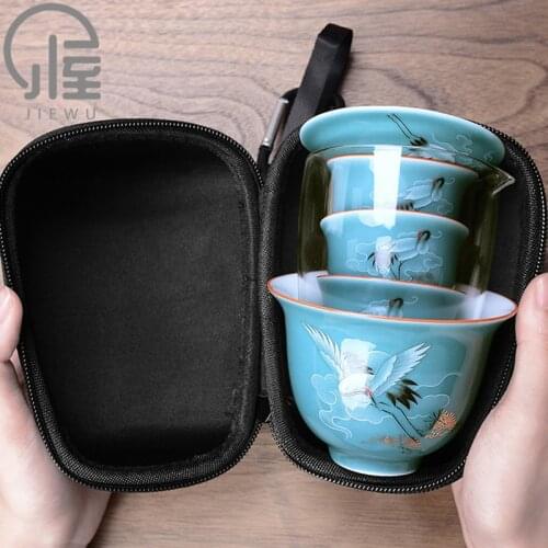 JIEWU Chinese Travel Ceramic Tea Set Portable Kung Fu Tea Set 2021 New Hot Essential Tea Set Accessories For Outdoor Travel