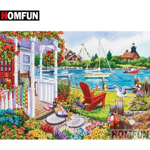 HOMFUN 5D DIY Diamond Painting Full Square/Round Drill "Seaside house" Embroidery Cross Stitch gift Home Decor Gift A09059