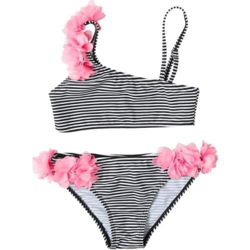 Girlss 2 Piece Swimsuit, Stripe Adjustable Sling Camisole Flower Hipster Childrens Swimming Suit