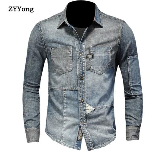 ZYYong Lapel Long Sleeve Patch Stitching Mens Denim Shirt Retro Casual Blue Bomber Mens Shirt Mens Long Sleeve Thin Coat