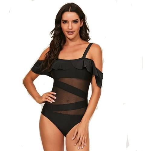 Sexy Black Ruffle Off The Shoulder Women Swimwear One Piece Mesh Patchwork Swimsuit Push Up Monokini Bodysuit Retro Bathing Suit