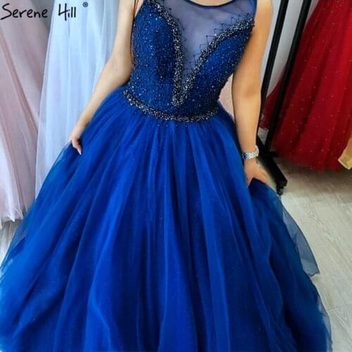 Blue A-Line Sleeveless Design Evening Dresses Long Beading Crystal O-Neck Formal Dress Women Elegant 2020 Serene Hill BLA70496