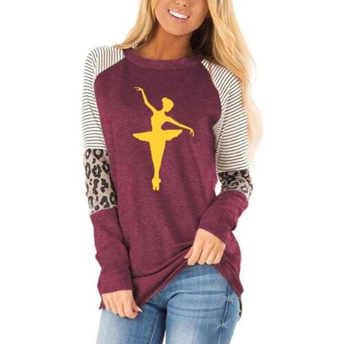 Autumn women Dancer Dancing Ballet Print T Shirt Womens leopard color matching stripe round neck loose top long sleeve T-shirt