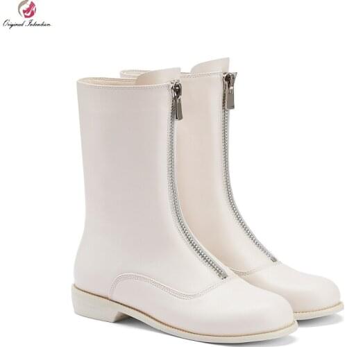 Womens Zipper Short Boots Genuine Calf Leather Round Toe Ankle Bootie Autumn Winter Shoes Handmade Chelsea Boots Big Size 33-45