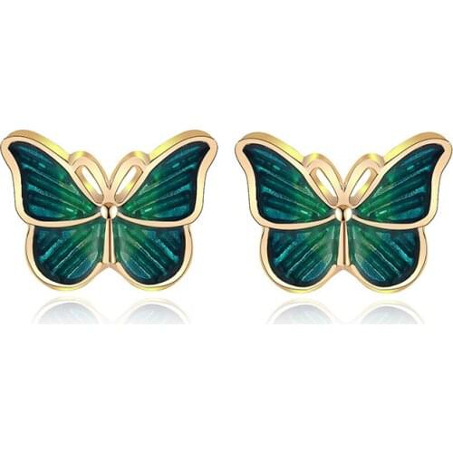 Dark Green Color Butterfly Stud Earrings for Women Vintage Gold Color Alloy Charming Earrings Sweet Lady Romantic Jewelry Gift