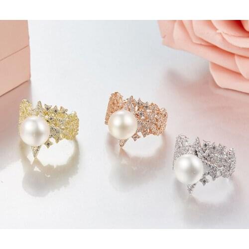 SLJELY Elegant S925 Sterling Silver Cubic Zirconia Pearl Star Galaxy Finger Rings Women Ladies Engagement Wedding Party Jewelry