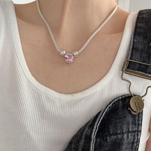 YH-ZL 925 Sterling Silver Pink Crystal Heart Necklace for Women Clavicle Chain Necklace Jewelry
