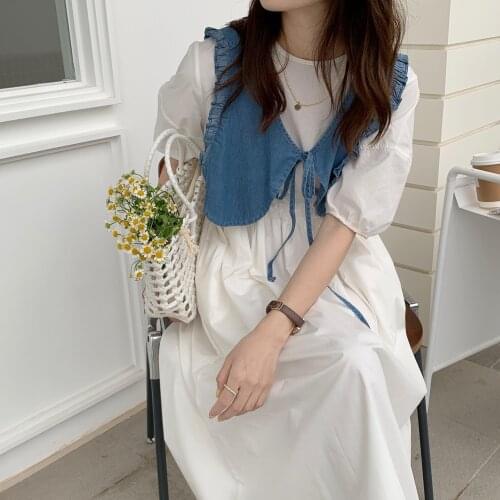 Chic Detachable Denim Cape Loose Drawstring Bubble Sleeve Dress Suit Vestidos De Festa Sukienki Na Wesele Damskie Women Clothes