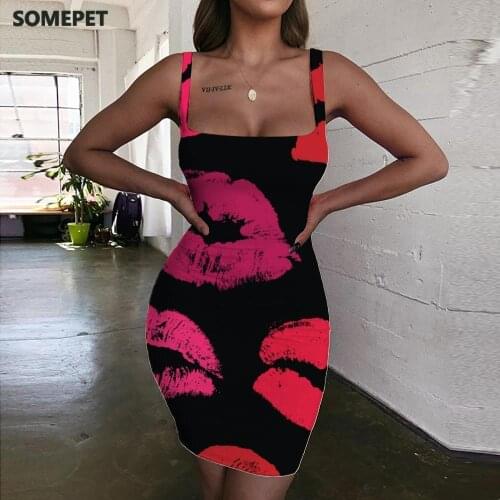 SOMEPET Lips Dresses Women Graffiti Bodycon Dress Harajuku Ladies Dresses Womens Clothing Plus Size Short Beach Femme