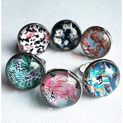 24 pcs/lot Spring and Summer styles, flamingo ,Flowers Glass cabochons Rings for women girls finger ring