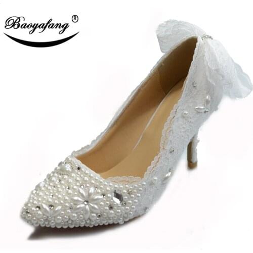BaoYaFang White flower wedding shoes Bride 8cm heel pointed toe womens shoes woman Thin Heel Shallow pearl Bowtie party shoes