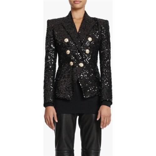 HIgh quality sequins blazer double breasted blazer female long sleeve sequins stitching metal buttons outwear wq1422 dropship