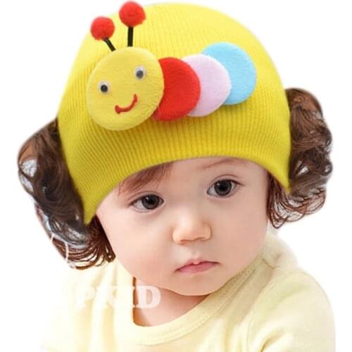 0-3T Cute Baby Girls Hat with Wig Winter Toddler Infant Knitted Baby Girl Hat Fake Hair Cap Kids Hats Cute Cartoon Wig Warm Caps