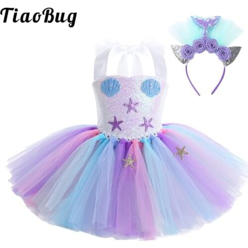 TiaoBug Kids Girls Mermaid Costume Halter Sequin Mesh Tutu Dress with Hair Hoop Halloween Cosplay Birthday Party Roleplay Outfit
