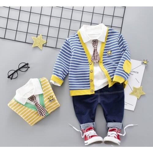 Childrens Casual Suit 2020 Autumn New Male Baby Striped Cardigan Jacket Tie Long-sleeved Shirt Jeans Three-piece Sets 0-4 Years