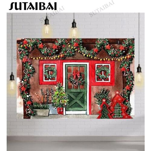 Christmas Photography Backdrops Xmas Store Shop Green Wood Door Wreath Children Portrait Photo Background Studio Photocall