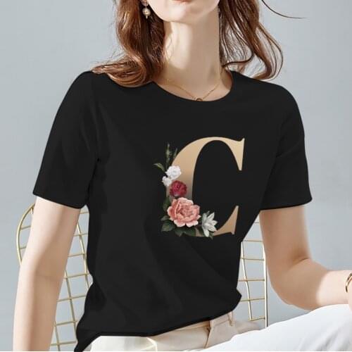Tshirts Women Black All-match O-neck T-shirt Gold English 26 Letter Pattern Series Lady Tops Female Commuter Tee Womens Clothes